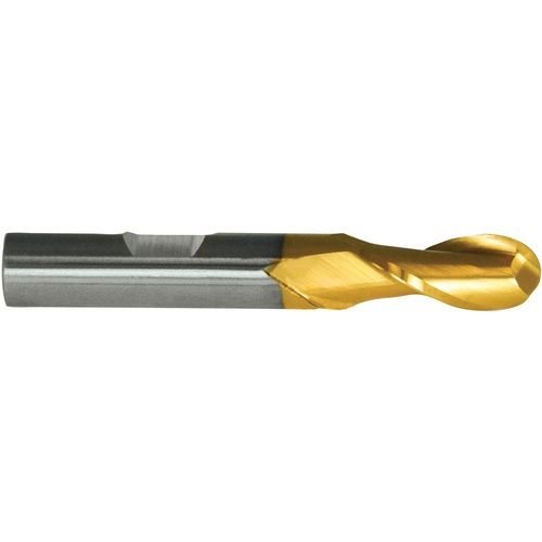 ‎7/16″ Dia. × 1/2″ Shank × 1″ DOC × 3-1/4″ OAL, HSS TiN, Spiral , 2 Flute, CW Helix, Weldon, Ballnose End Mill