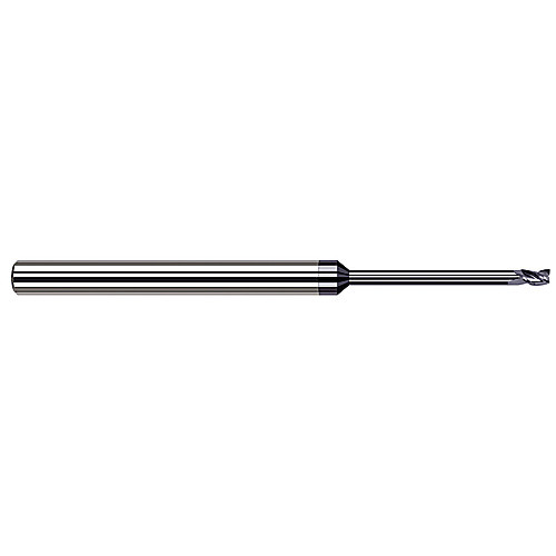 Miniature End Mills - Long Reach, Stub Flute - 0.0100″ Cutter Diameter × 0.0150″ (1/64″) Length of Cut × 0.1250″ (1/8″) Reach Carbide Square End Mill, 3 Flutes, AlTiN Coated