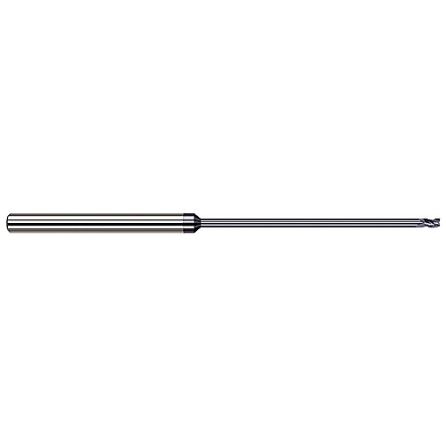 Miniature End Mills - Long Reach, Stub Flute - 0.0200″ Cutter Diameter × 0.0300″ Length of Cut × 0.5000″ (1/2″) Reach Carbide Square End Mill, 3 Flutes, AlTiN Coated