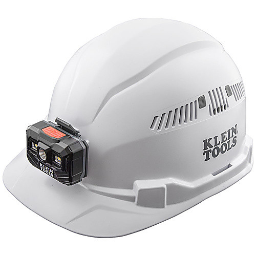 Hard Hat, Vented, Cap Style with Rechargeable Headlamp, White