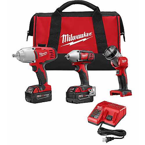 M18 Cordless LITHIUM-ION 3-Tool Combo Kit; Compact Impact Wrench, Impact Wrench, Worklight