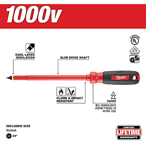 ‎3/8″ Slotted - 10″ 1000V Insulated Screwdriver