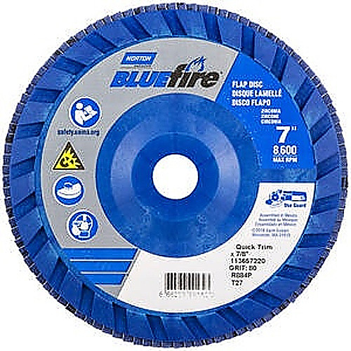 7″ × 7/8″ Flap Disc BlueFire Quick Trim Type 27 Plastic Plate 80 Grit