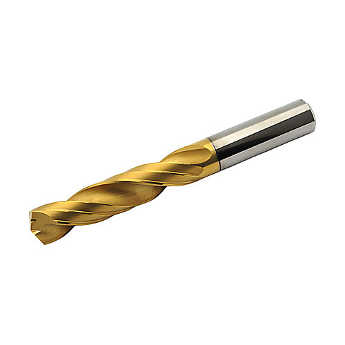 3/8″ Dia. × 10 mm Shank × 61 mm Flute Length × 103 mm OAL, 5xD, 140°, TiN|TiAlN, 5xD Flute, Coolant Thru, Round Solid Carbide Drill
