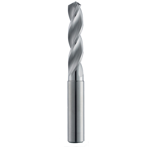10.6 mm Dia. × 12 mm Shank × 71 mm Flute Length × 118 mm OAL, 5xD, 124°, Uncoated, 3 Flute, External, Round Solid Carbide Drill