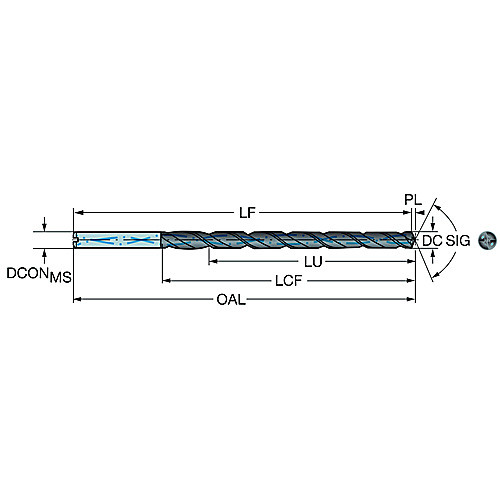 3.18 mm Dia. × 6 mm Shank × 52 mm Flute Length × 94 mm OAL, 12xD, 140°, TiAlN, 2xD Flute, Coolant Thru, Round Solid Carbide Drill