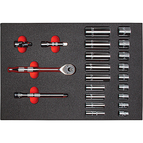‎Proto Foamed 3/8″ Drive 22 Piece Socket Set w/ Precision 90 Pear Head Ratchet - Full Polish -6 Point