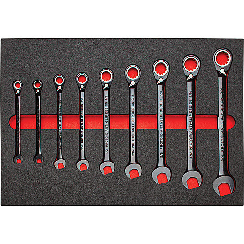 Proto Foamed 9 Piece Reversible Ratcheting Combination Wrench Set- Black Chrome- Spline