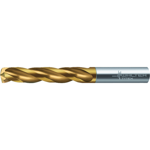 ‎6.8 mm Dia. × 6.8 mm Shank × 45 mm Flute Length × 74 mm OAL, 3xD, 150°, TiN, 3xD Flute, External Coolant, Round Solid Carbide Drill A1166TIN-6.8