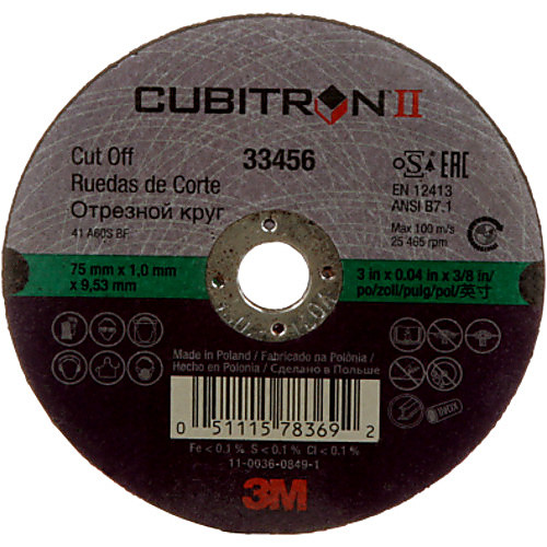 3M Cubitron II Cut-Off Wheel 33456 75 mm × 1 mm × 9.53 mm (3″ x.04″ × 3/8″)