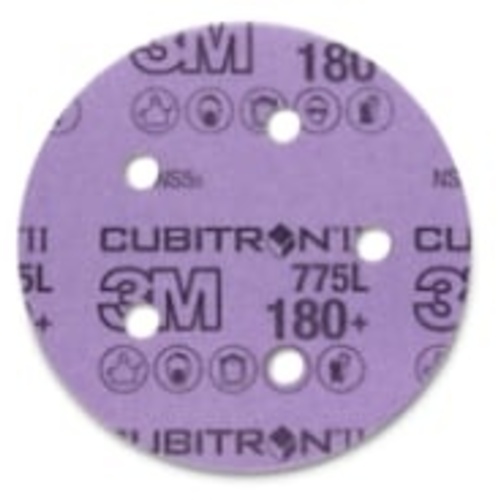 3M™ Cubitron™ II Stikit™ Film Disc 775L, 180+, 5 in x NH, D/F 5HL,
Linered w/Tab, Die 500FH, 50 per inner, 250 per case