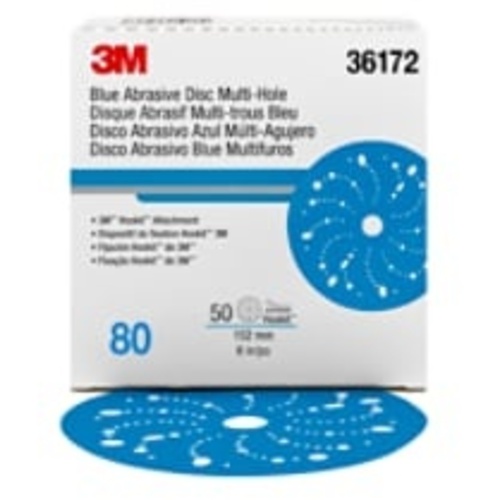 3M™ Hookit™ Blue Abrasive Disc Multi-hole, 36172, 6 in, 80 grade, 50
discs per carton, 4 cartons per case