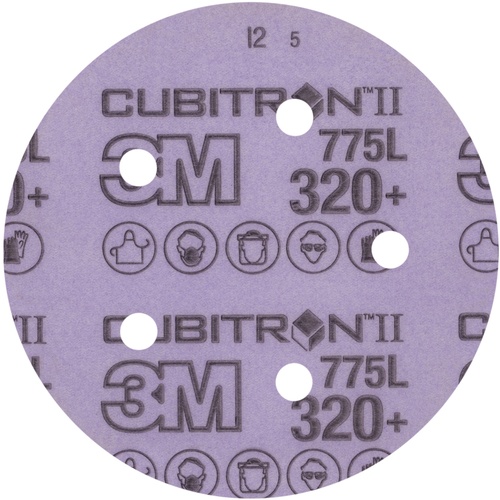 3M™ Cubitron™ II Hookit™ Film Disc 775L, 320+, 5 in x NH, D/F 5HL, Die
500FH, 50 per inner, 250 per case
