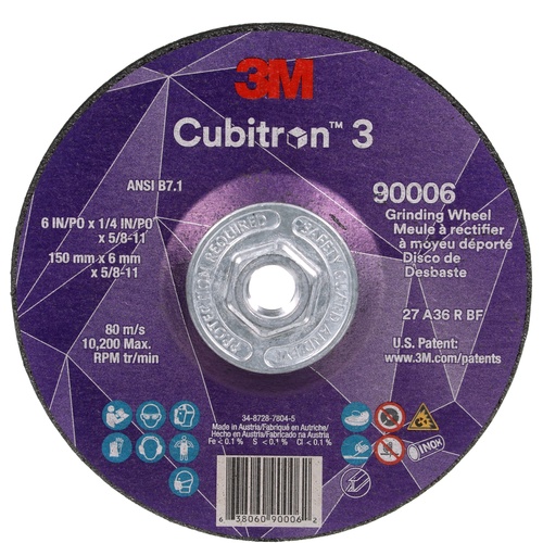 ‎3M CUBITRON 3 DEPRESSED CENTER GRINDING WHEEL, 36+, T27, 6 IN × 1/4 IN × 5/8 IN-11 (150X6MMX5/8-11IN), ANSI