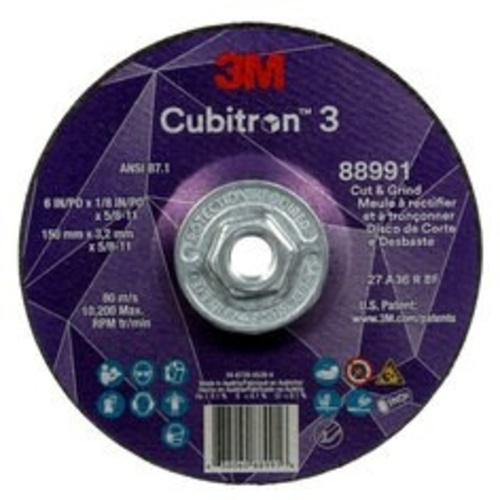 ‎3M CUBITRON 3 CUT AND GRIND WHEEL, 36+, T27, 6 IN × 1/8 IN × 5/8 IN-11 (150 × 3.2 MM × 5/8-11 IN), ANSI